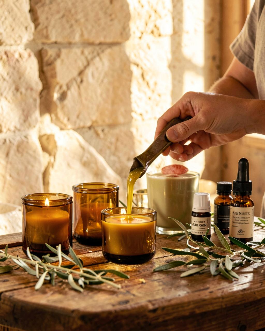 Hands pouring warm olive wax into amber candle jars at a workshop table