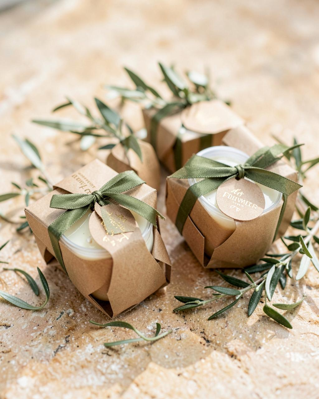 Small candles in kraft boxes tied with olive ribbon and gold tags