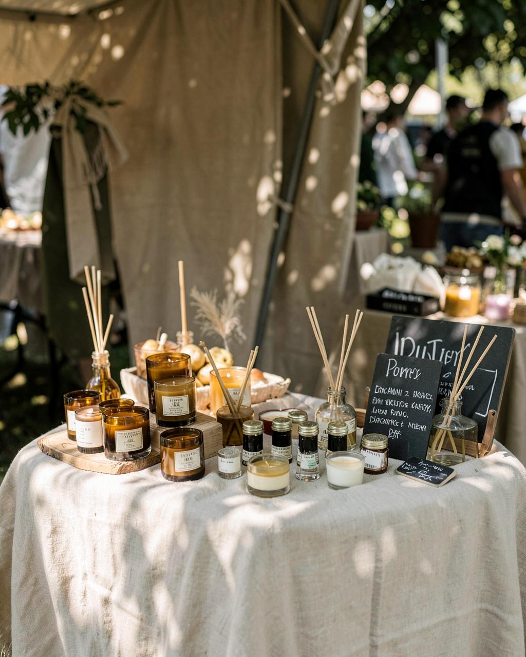 Linen-draped market stall displaying candles and reed diffusers