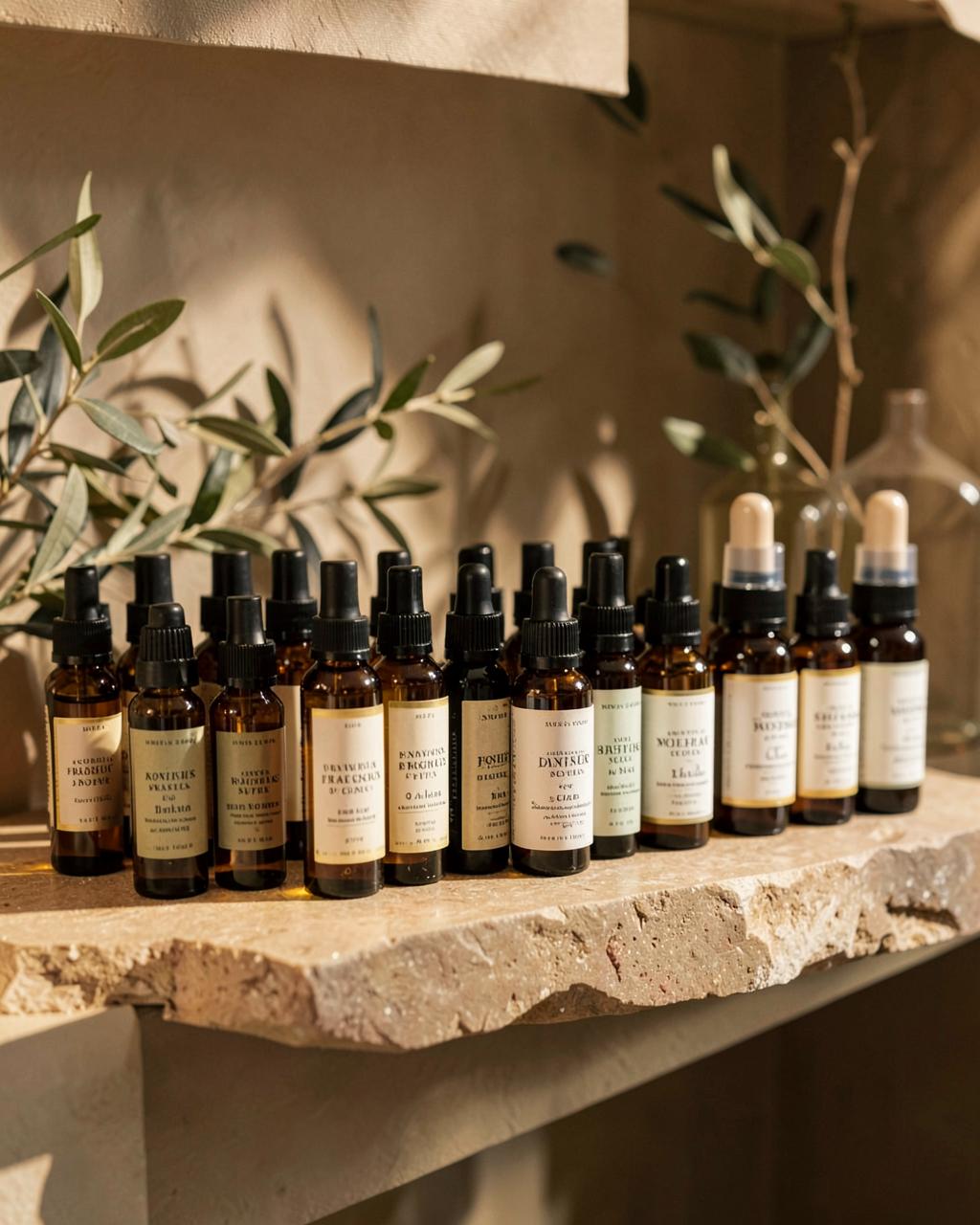 Rows of amber fragrance oil bottles on a warm stone shelf